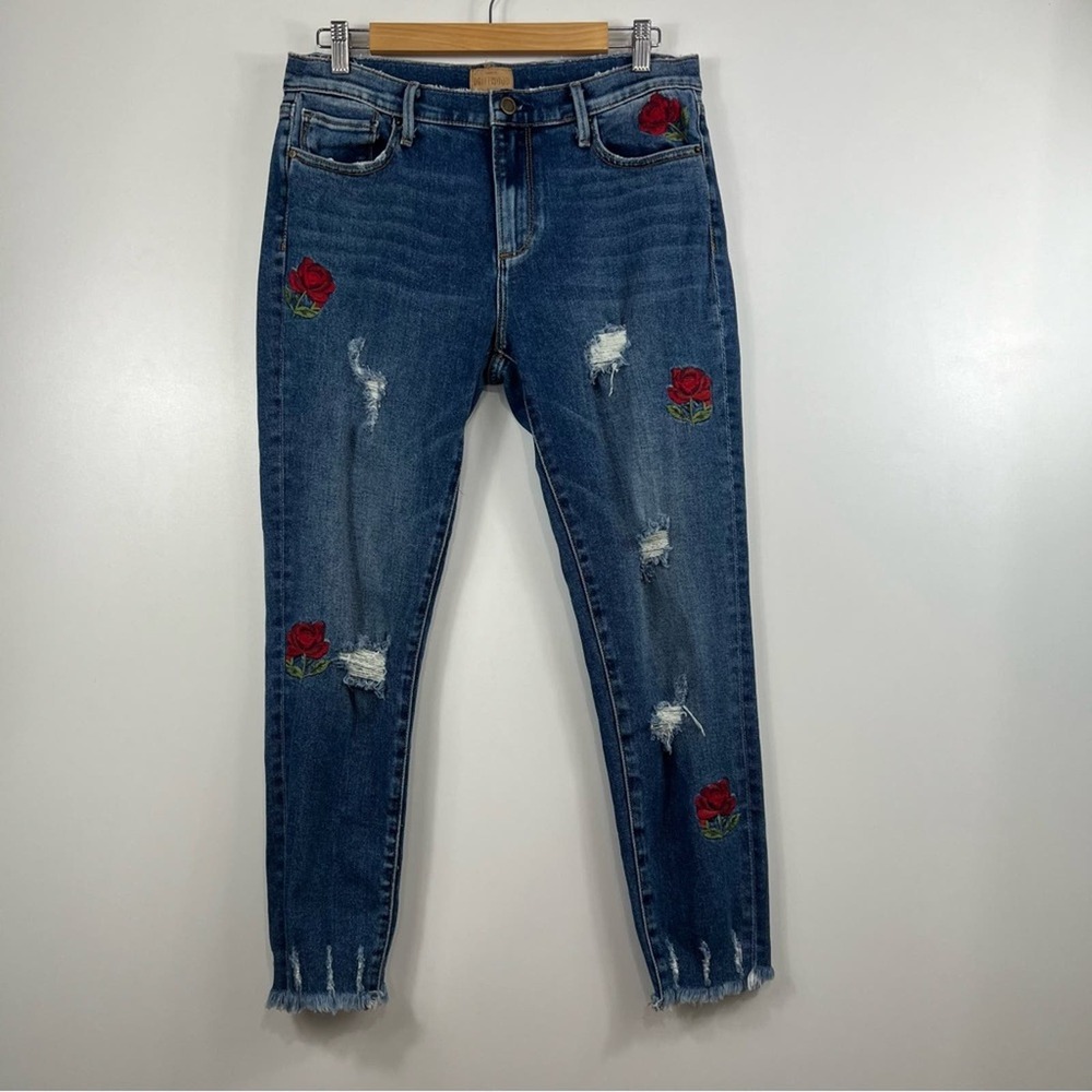 Driftwood Joyce Boho Rose Embroidered Distressed Raw Hem Cropped Jeans Size 26 - Picture 9 of 11